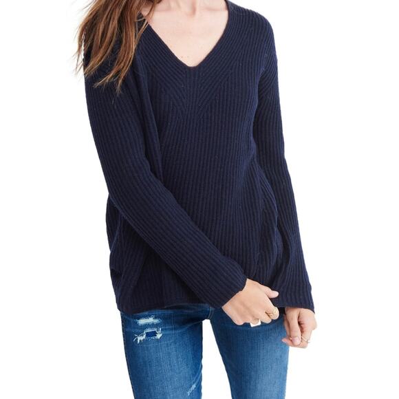 Madewell Woodside Wool V Neck High Low Hem Pullover Sweater Navy Size XSmall - Picture 1 of 10